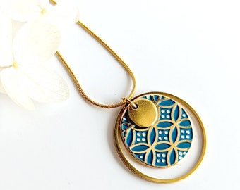 Collier pendentif émaillé bleu canard Art Déco pour femme