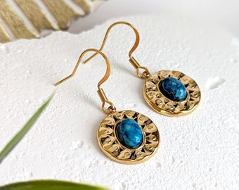 Boucles d'oreilles femme pierre naturelle agate bleu canard