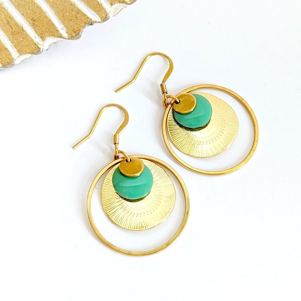 Boucles d'oreilles or boho vert d'eau femme, bijoux bohème chic, cadeau pour elle, cadeau femme, bijoux fantaisie, fait main, cadeau maman