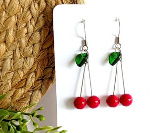Red cherry women's earrings, women's summer jewelry, fashion earrings, gift for her, glass fruit jewelry