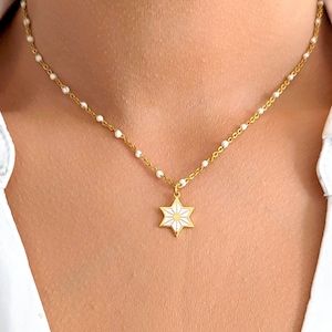 White and gold origami star pendant necklace for women, Japanese star necklace, minimalist jewelry, handmade gift, women's gift idea