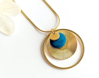 Collier or et bleu pour femme, collier pendentif rond pour femme, collier bohème chic, bijoux fantaisie, cadeau fait main, cadeau pour elle