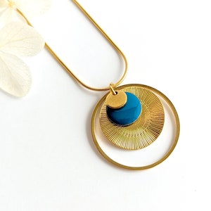 Collier or et bleu pour femme, collier pendentif rond pour femme, collier bohème chic, bijoux fantaisie, cadeau fait main, cadeau pour elle image 1