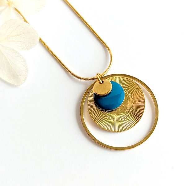 Gold and blue necklace for women, round pendant necklace for women, boho chic necklace, costume jewelry, handmade gift, gift for her