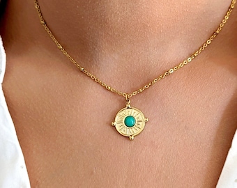 Collier or minimaliste femme pierre verte, chaîne acier inoxydable