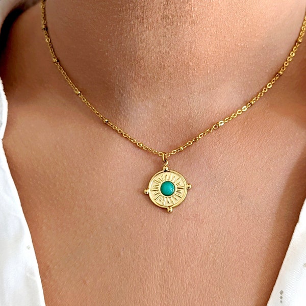 Collier pendentif minimaliste femme, chaîne acier inoxydable doré, collier jade de Malaisie vert femme, bijoux vert, pour elle, cadeau maman