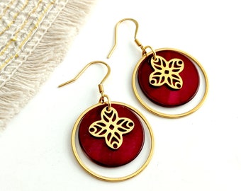 Boucles d'oreilles or ou argent, nacre rouge bordeaux, acier inoxydable, pour femme