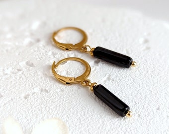 Boucles d'oreilles dormeuses perles tubes en pierre d'onyx noir pour femme