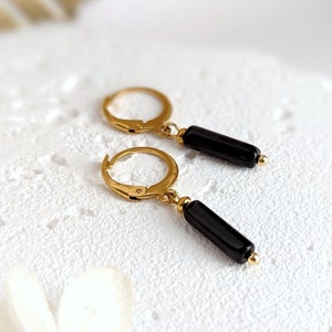 Brincos de dormir de pedra ônix preta, presente para mulheres, contas de tubo e aço inoxidável dourado ou prateado, joias de pedra natural
