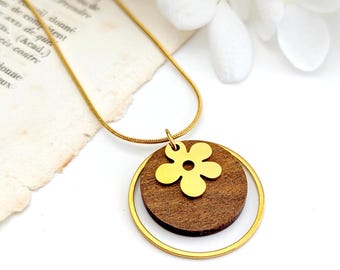 Collier or pendentif, fleur doré et rond en bois de noyer pour femme