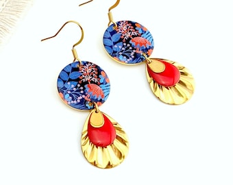Boucles d'oreilles boho chic, bleu rouge orangé, pour femme - Or ou Argent