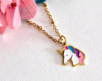 Collier enfant pendentif licorne rose bleu et violet pour enfant