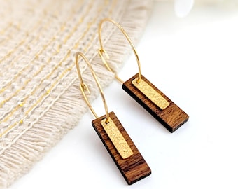Women's wood and gold stainless steel earrings, boho chic hoop earrings, gift for her, minimalist and elegant jewelry