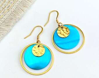 Boucles d'oreilles bleu cyan en nacre et acier inoxydable pour femme