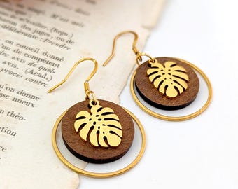 Boucles d'oreilles feuilles tropicales pour femme, en bois et acier inoxydable chirurgical doré