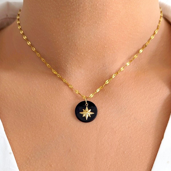 Collier pendentif rond en nacre noir et or pour femme, collier bohème chic, bijou minimaliste fait main, cadeau maman, pour elle