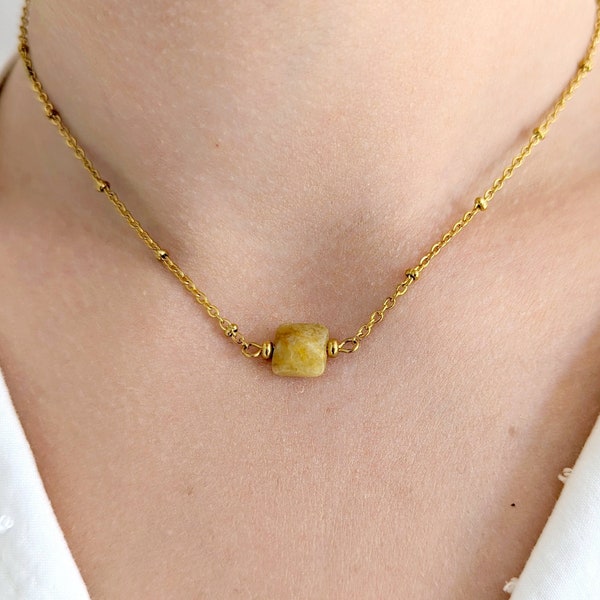 Collier fin pour femme en acier inoxydable doré, collier jade topaze jaune doré, collier minimaliste femme, cadeau pour elle