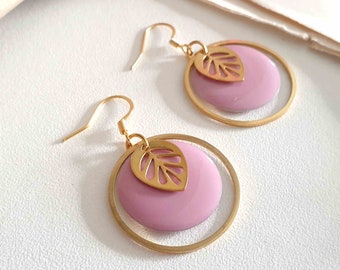 Damenohrringe in Rosa und Gold, Schmuck aus Emaille und Edelstahl, Blattohrringe, Geschenk für sie, handgefertigter Schmuck