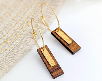 Wood and gold stainless steel hoop earrings, boho chic jewelry, gift idea for her, minimalist jewelry, gold hoops, mom gift