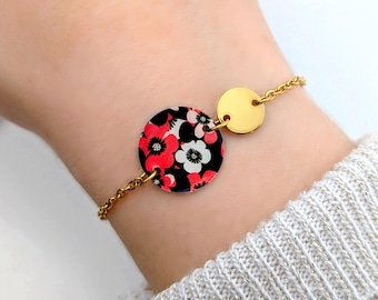 Bracelet fleurs rouge et noir en résine et acier inoxydable pour femme