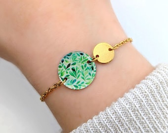 Bracelet en acier inoxydable à motif de feuilles vertes pour femme, chaîne ajustable