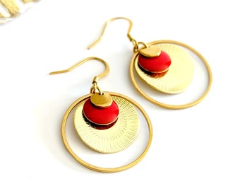 Boucles d'oreilles bohème rouge et or pour femme, boho chic, bijoux fantaisie, cadeau fait main, cadeau pour elle, idée cadeau pour maman