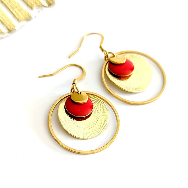 Boucles d'oreilles bohème rouge et or pour femme, boho chic, bijoux fantaisie, cadeau fait main, cadeau pour elle, idée cadeau pour maman