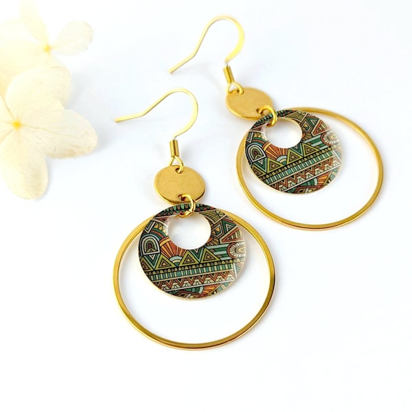 Boucles d'oreilles inca pour femme, boucles d'oreilles style aztèque, idée cadeau femme, bijou coloré, bijoux bohème chic, cadeau pour elle