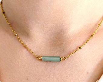 Collier pierre naturelle aventurine verte, chaîne fine en acier inoxydable, collier fin minimaliste or, pendentif pierre verte, cadeau maman