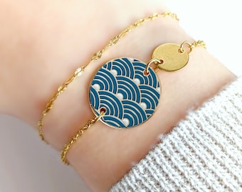 Bracelet boho vagues japonaises bleu paon en émail pour femme