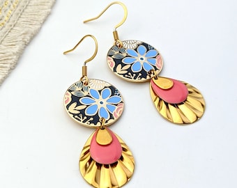 Boucles d'oreilles fleurs rose et bleu pour femme