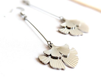 Long minimalist silver Ginkgo leaf earrings for women, Japanese jewelry, gift for her, simple jewelry, gift for mom