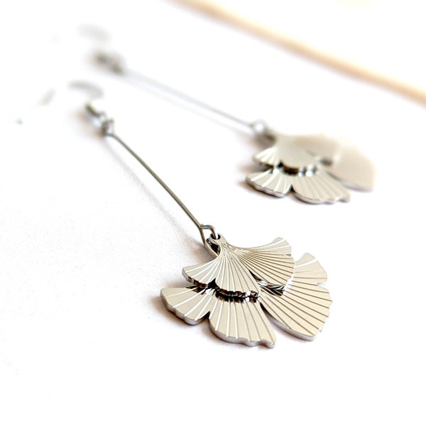 Long minimalist silver Ginkgo leaf earrings for women, Japanese jewelry, gift for her, simple jewelry, gift for mom