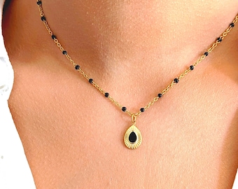 Collier minimaliste pendentif goutte onyx noir pour femme