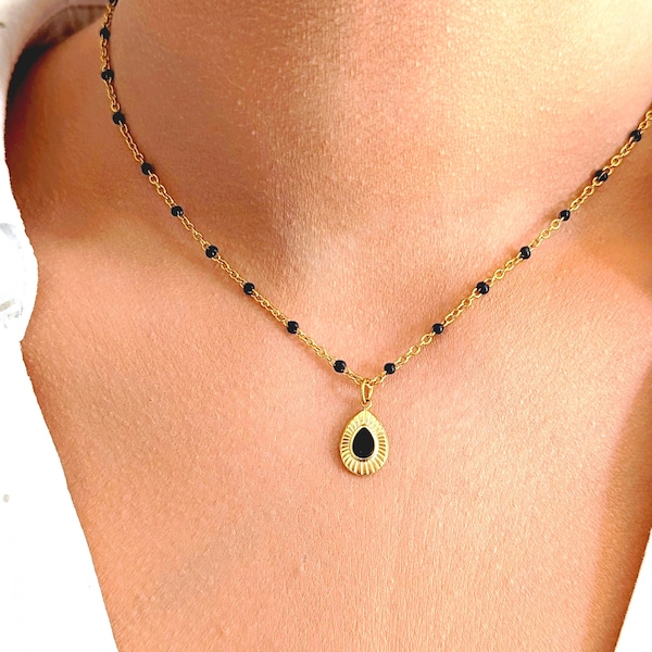 Collier minimaliste pendentif goutte onyx noir pour femme, bijou pierre naturelle, collier bohème chic, idée cadeau pour elle, cadeau maman