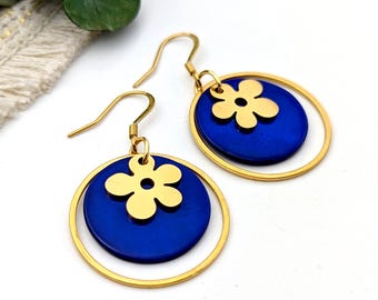 Boucles d'oreilles Fleur Pop et nacre bleu roi pour femme