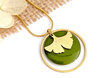 Collier vert et doré feuille ginkgo pour femme
