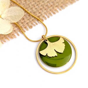 Green and gold ginkgo leaf necklace for women, minimalist gold necklace, handmade ginkgo jewelry, gift for her, mom gift, nature jewelry