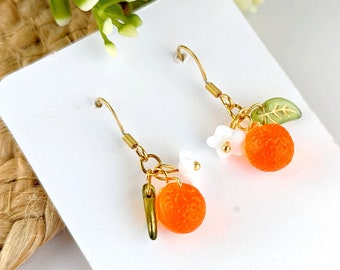 Boucles d'oreilles orange fruits en verre transparent pour femme, bijoux fruits, boucles d'oreilles originales et fun, cadeau pour elle