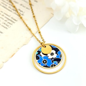 Blue, white and black flower necklace and pendant for women, colorful jewelry, handmade jewelry, enamel pendant necklace, gift idea for her