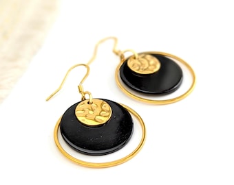 Boucles d'oreilles rondes et noires en nacre et acier inoxydable pour femme