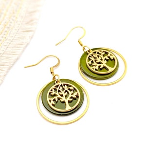 Tree of Life and khaki green mother-of-pearl earrings, women&#39;s jewelry, green earrings, handmade gift, for her, costume jewelry