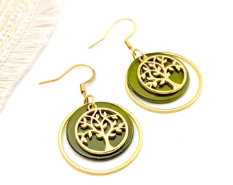 Boucles d'oreilles Arbre de Vie vert olive en nacre et acier inoxydable pour femme