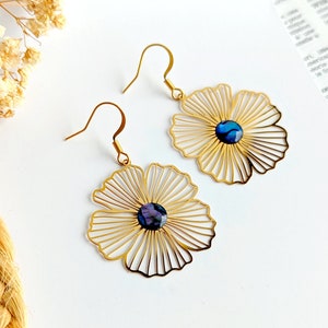 Ultra light flower and iridescent shell earrings, surgical stainless steel, gift for her, women's costume jewelry