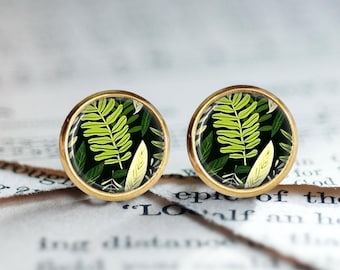 Boucles d'oreilles puces feuilles vertes cabochons pour femme, pour fille