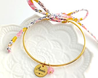 Bracelet cordon Liberty à nouer, médaille personnalisé prénom pour femme