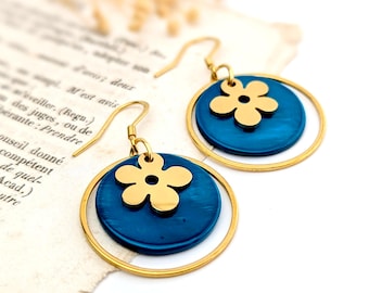 Boucles d'oreilles Fleur Pop et nacre bleu canard pour femme