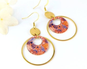 Boucles d'oreilles fleuries orange bleu et doré pour femme