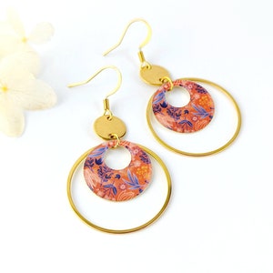 Orange blue and gold flowered earrings for women, women's jewelry gift, colorful jewelry, boho jewelry, gift idea for her