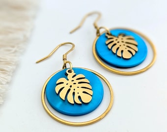 Boucles d'oreilles feuilles tropicales Monstera bleu Cyan pour femme